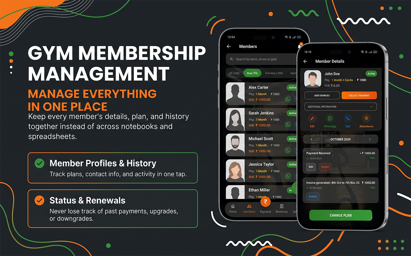 BharatGymDesk member list showing membership status